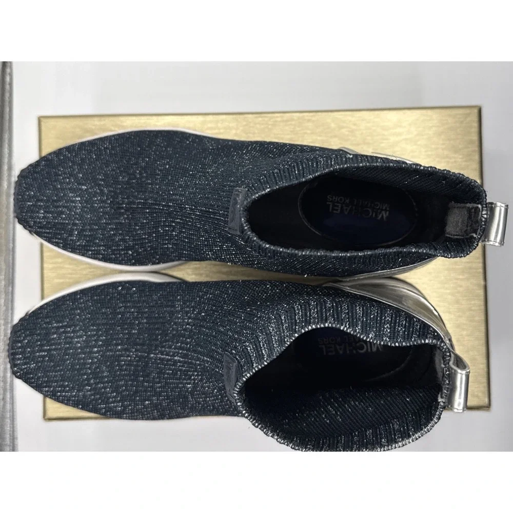 Michael Kors Women's Blue/Silver Knit Ankle Sock Bootie Slip On Wedge Size 8